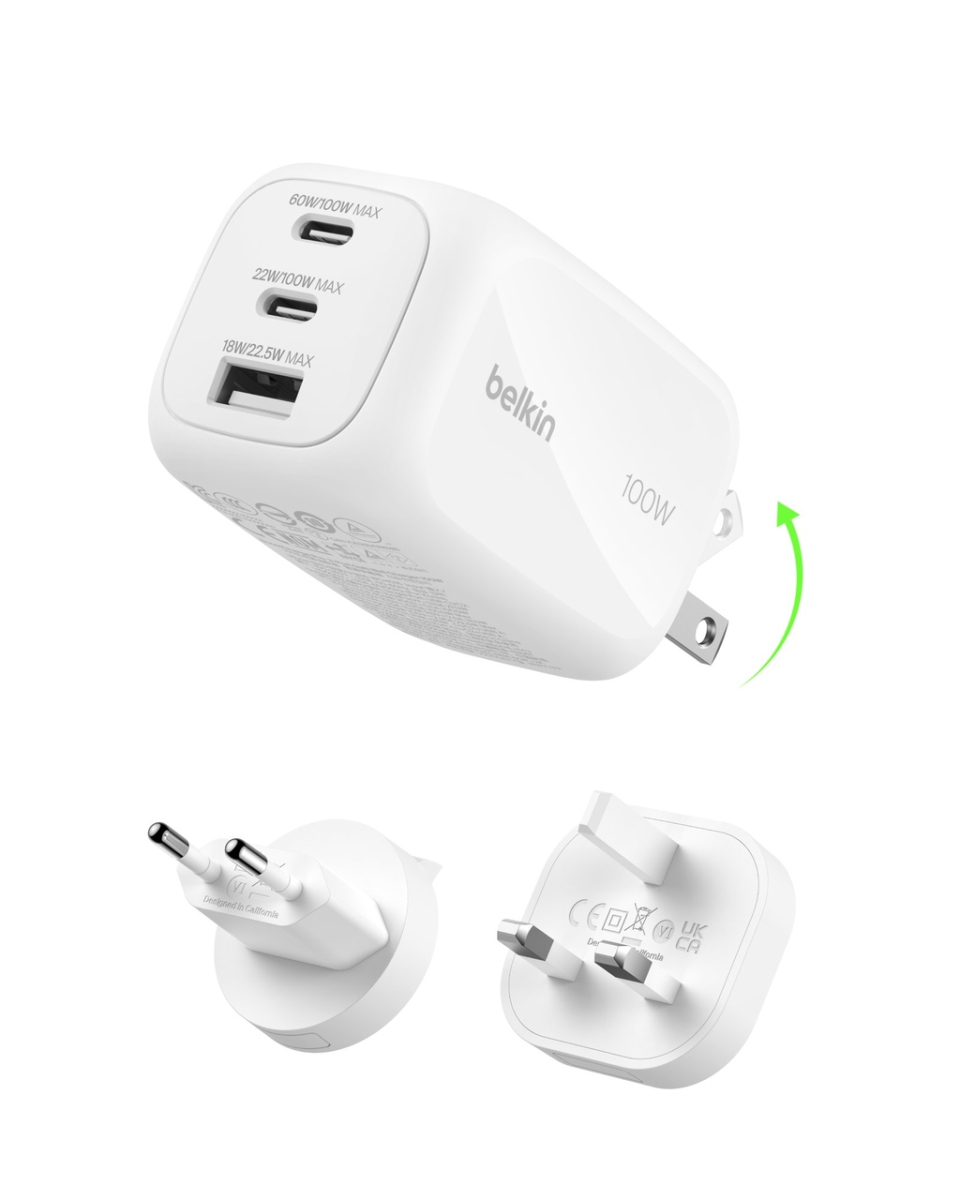 Belkin 100 Watt 3-Port GaN Ladegerät,2x USB-C,1x USB-A+UK,EU,US Stecker Tip-weiß