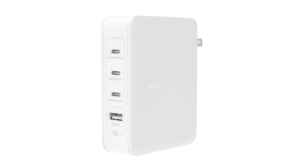 Belkin 140 Watt 4-Port GaN Ladegerät,3x USB-C,1x USB-A+UK,EU,US Stecker Tip-weiß