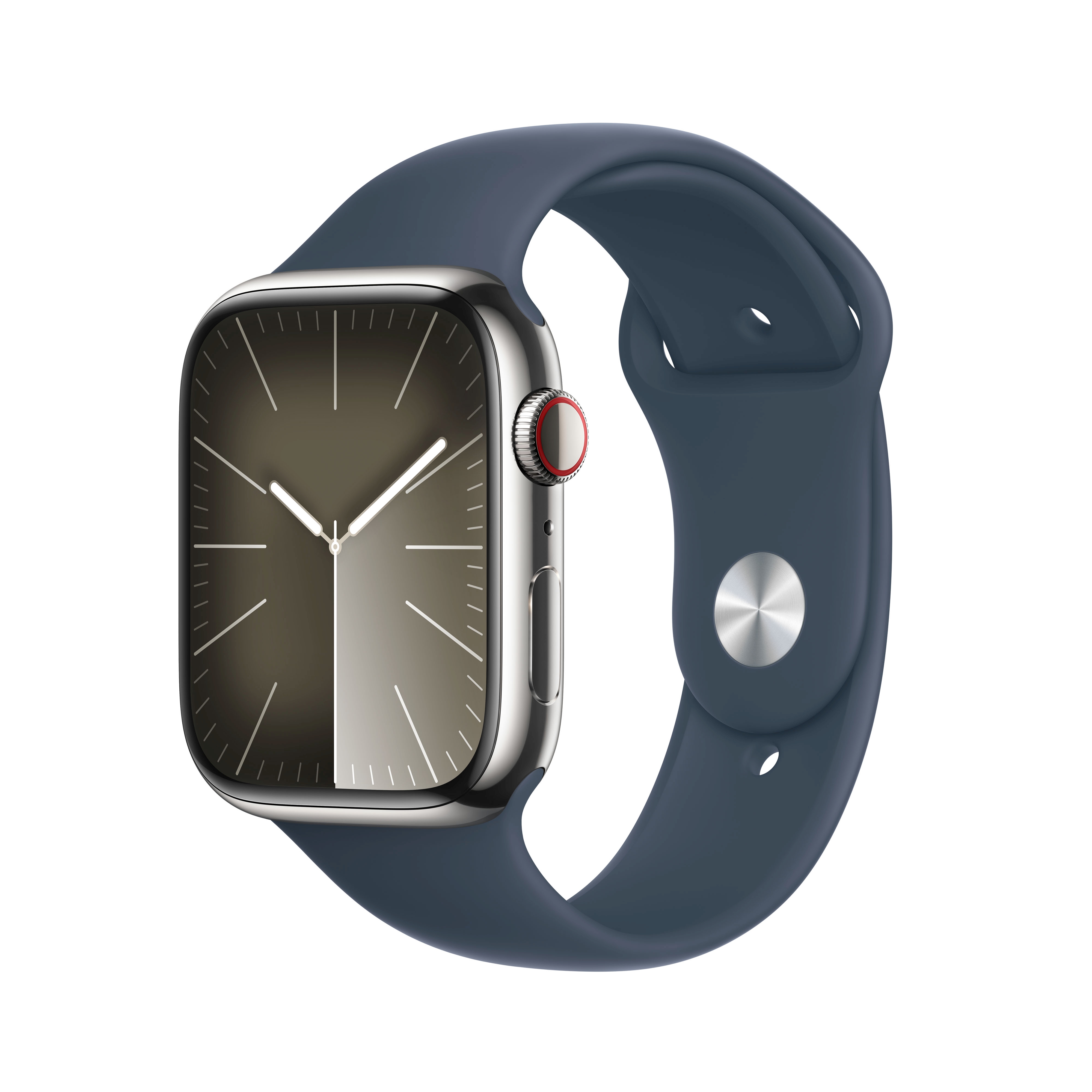 Apple Watch S9 Edelstahl Cellular 45mm Silber (Sportarmband sturmblau) S/M